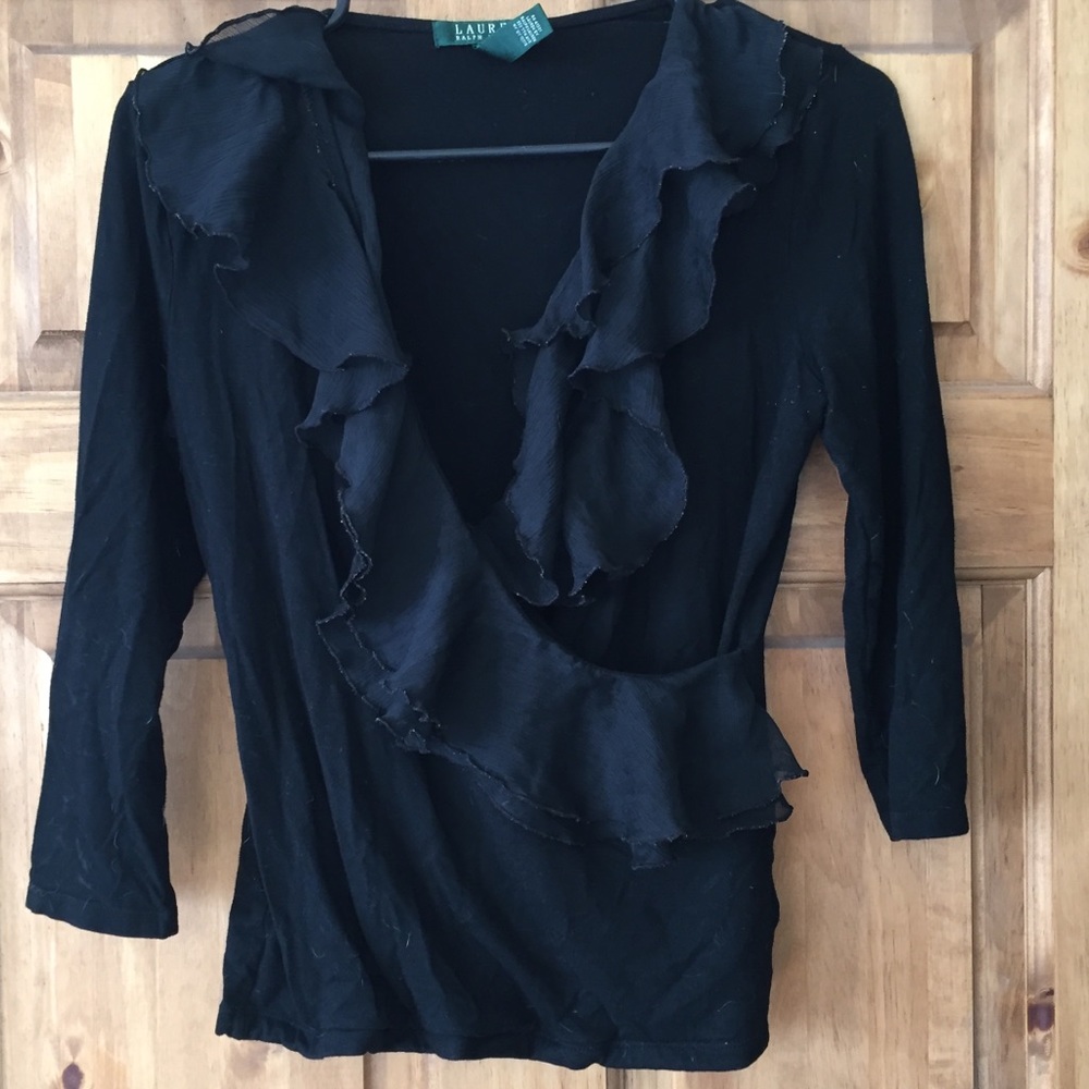 Ralph Lauren black ruffled v neck 3 quarters shirt